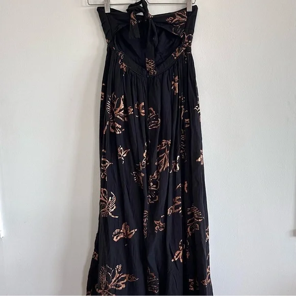 Free People Baja babe strapless midi cotton black metallic print dress XS